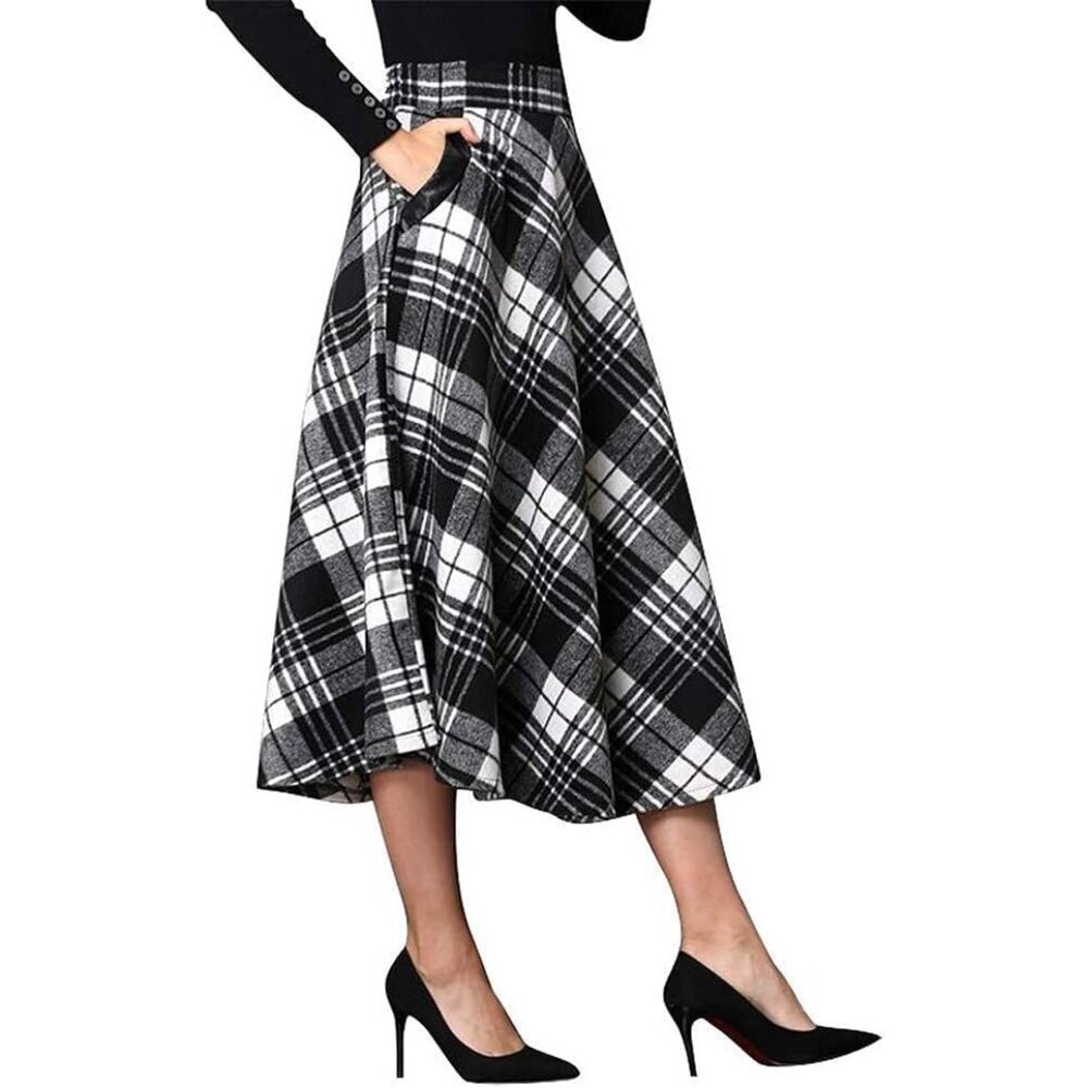 Womens Mid-calf Black Elastic Waist A-Line Pleated Tartan Long Plaid Wool Skirt